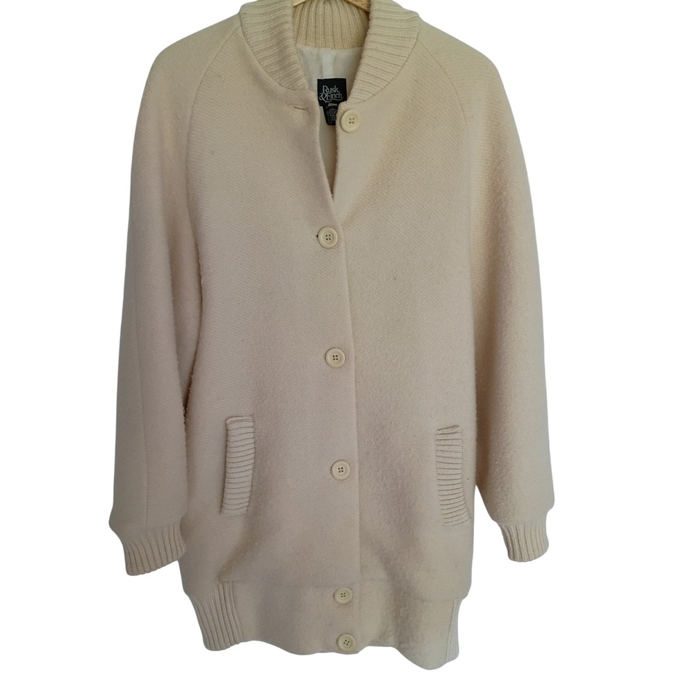 Rusk & Finch Vintage Wool Blend Bomber Jacket Ivory Cream Button Front Women M/L